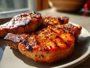 Close-up of three juicy grilled pork chops with a beautiful char, coated in a flavorful marinade.