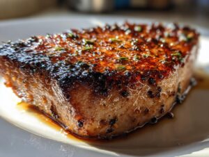 Close-up of a perfectly seared tuna steak, glistening with marinade and herbs, on a white plate.