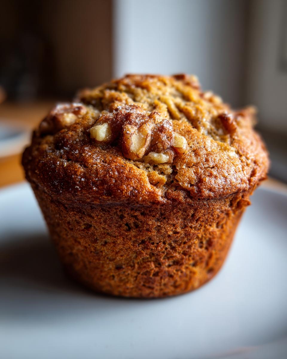 A close-up of a moist banana nut muffin topped with walnuts and a sprinkle of sugar.