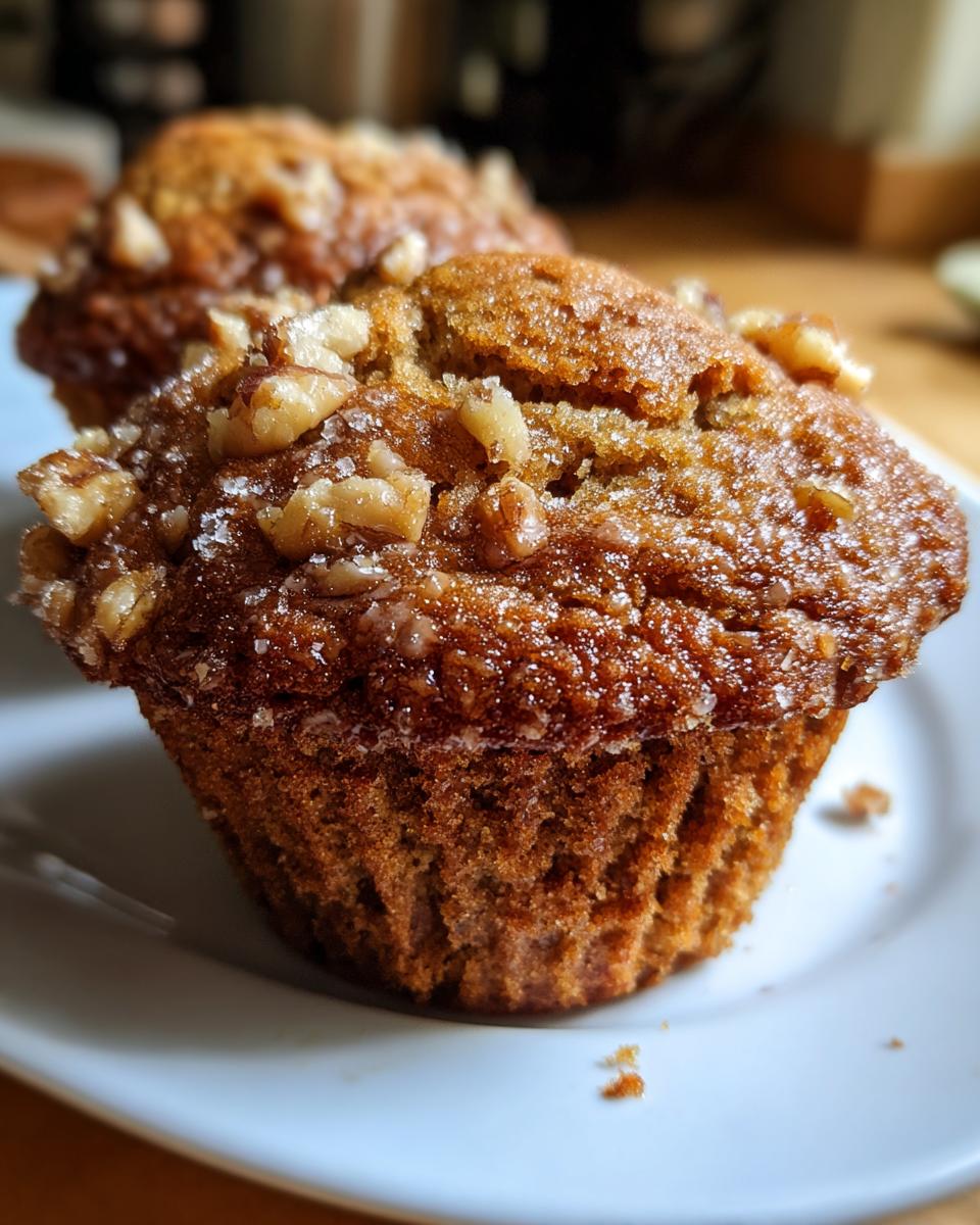 Close-up of two moist banana nut muffins topped with crunchy walnuts and sugar crystals on a white plate.
