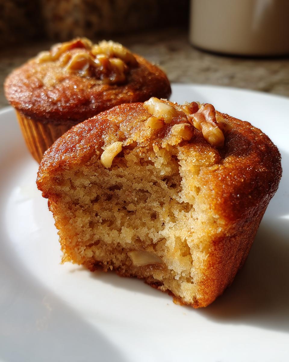 Close-up of a moist banana nut muffin with a bite taken out, showing a fluffy interior and topped with walnuts.