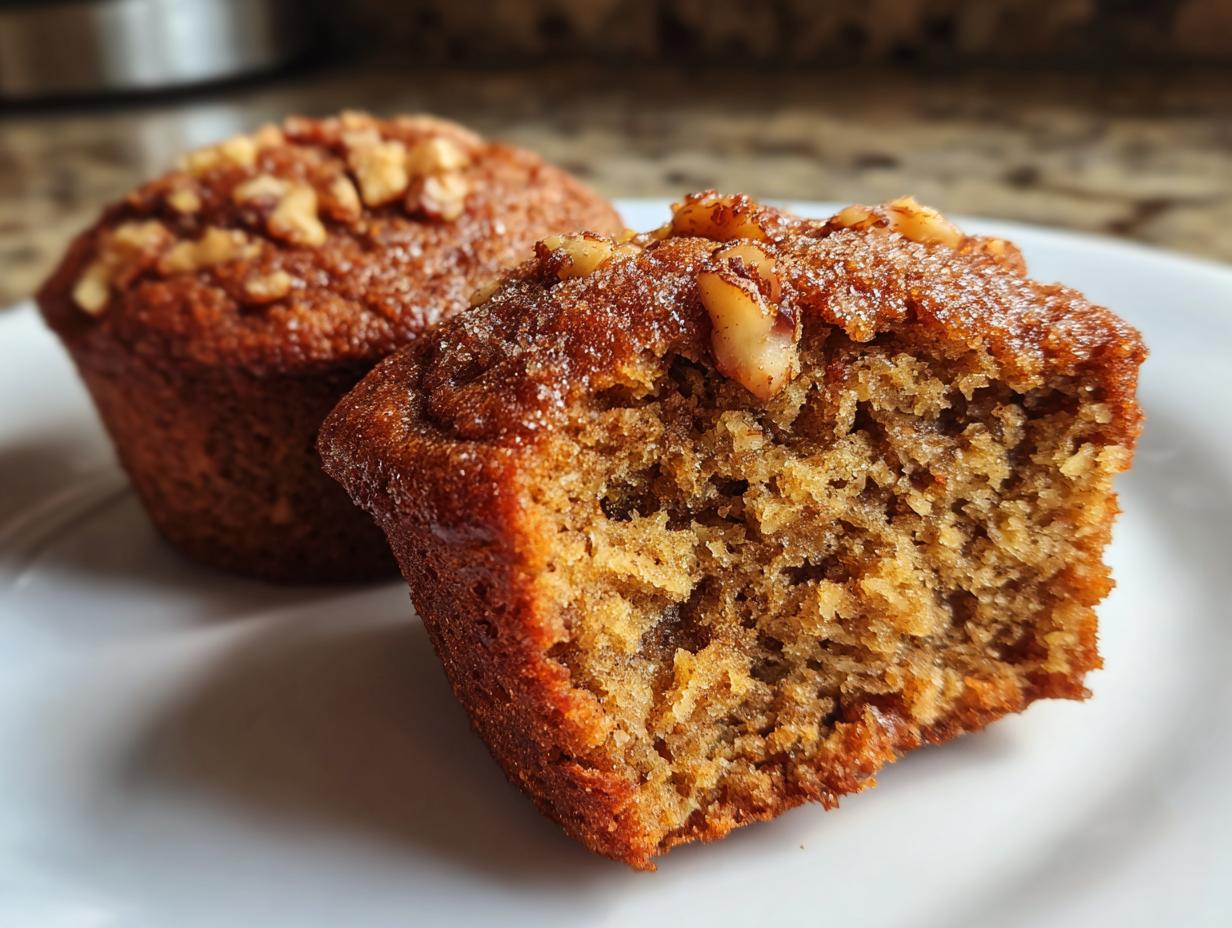 Close-up of a moist banana nut muffin, showing its fluffy texture and walnut topping. Another muffin is in the background.