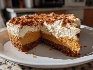 A slice of no bake pumpkin cheesecake with a graham cracker crust and whipped cream topping.