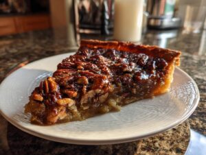 A delicious slice of pecan pie dump cake on a white plate, showcasing a flaky crust and gooey pecan filling.