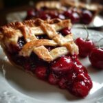 A close-up of a delicious slice of cherry pie with a golden lattice crust and fresh cherries.