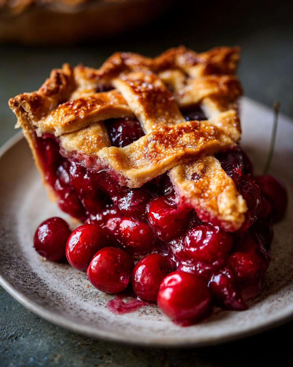 A close-up of a perfect cherry pie slice on a plate, showcasing a lattice crust and abundant fresh cherries.