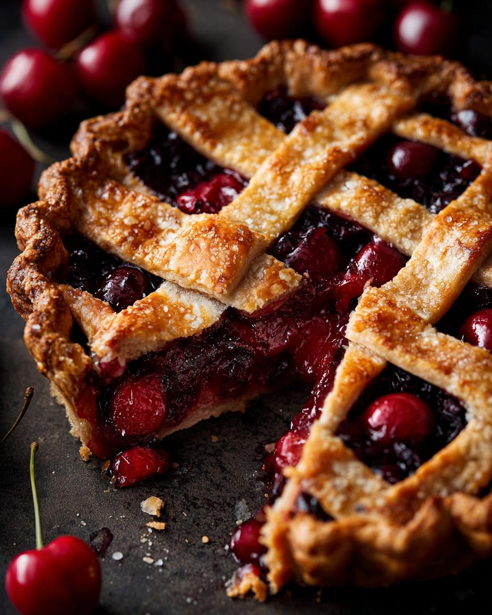 A close-up of a perfect cherry pie slice with a golden lattice crust, revealing juicy cherries inside.