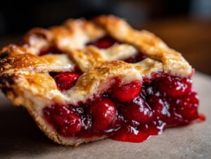 A close-up of a perfect cherry pie slice, showcasing a golden lattice crust and a generous filling of bright red cherries.