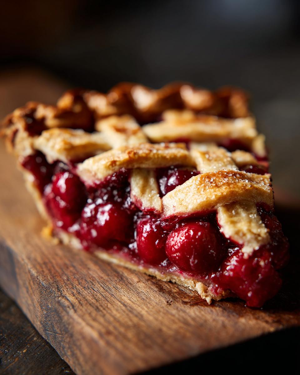 A close-up of a perfect cherry pie slice, showcasing a lattice crust and juicy cherries on a rustic wooden board.