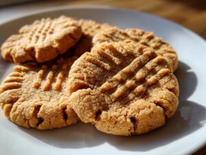 Close-up of several perfect peanut butter cookies with classic fork marks on a white plate.