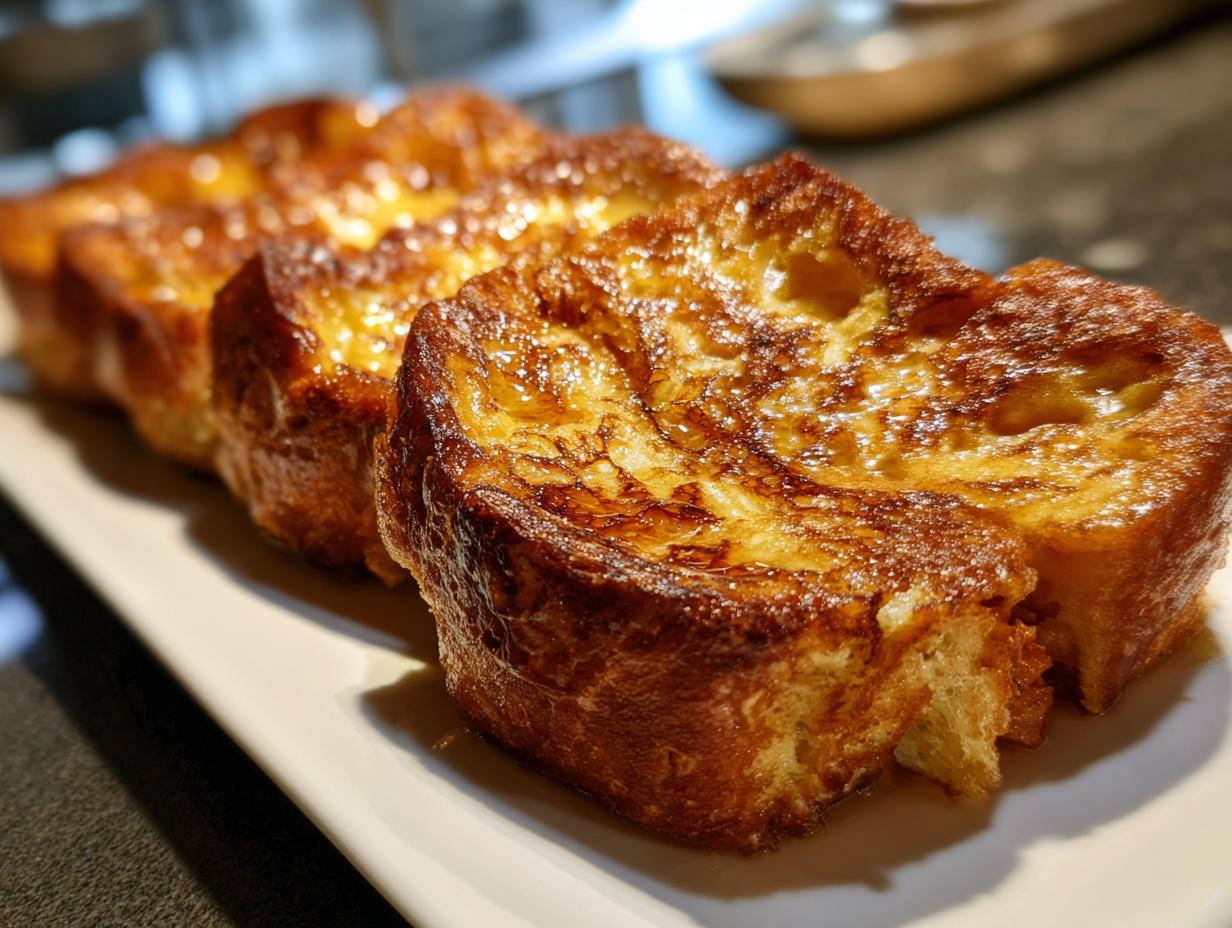 Close-up of golden brown protein French toast slices on a white plate, glistening with syrup.