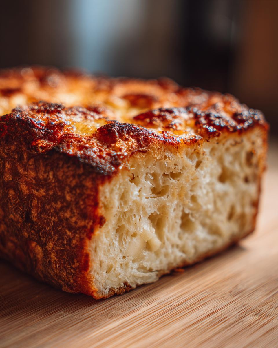 Close-up of a golden brown, thick slice of protein french toast on a wooden cutting board.