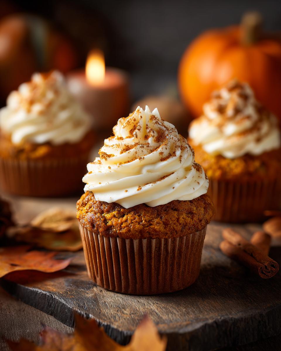 Close-up of a frosted pumpkin spice cupcake, dusted with cinnamon, on a wooden board with autumn leaves and pumpkins.