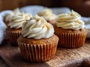 Close-up of delicious pumpkin spice cupcakes topped with swirls of cream cheese frosting and a sprinkle of cinnamon.