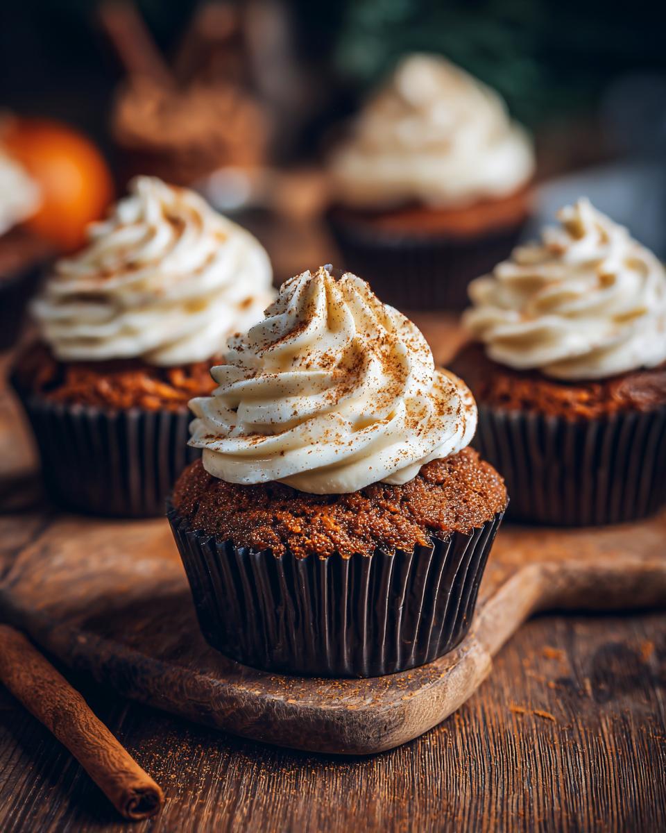 Close-up of delicious pumpkin spice cupcakes topped with creamy frosting and a sprinkle of cinnamon.