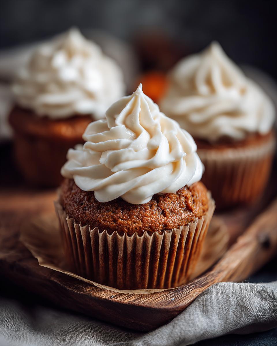Close-up of a delicious pumpkin spice cupcake topped with swirls of cream cheese frosting, with other cupcakes blurred in the background.