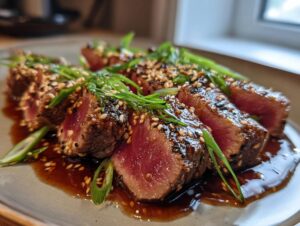 Close-up of perfectly seared ahi tuna steaks, coated in sesame seeds and sliced, served with a savory sauce and green onions.