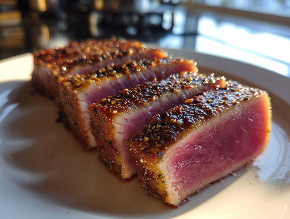 Close-up of four perfectly seared tuna steaks, sliced and seasoned with a pepper crust.