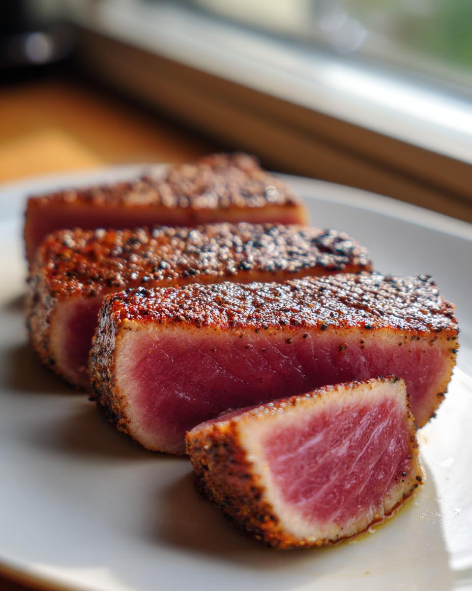 Close-up of perfectly seared tuna steaks, sliced and arranged on a white plate, showcasing their vibrant pink interior.