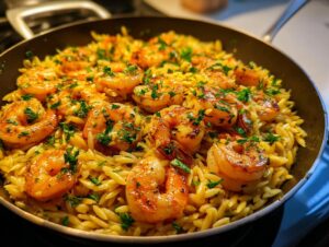 Close-up of shrimp orzo in lemon garlic sauce, garnished with fresh parsley in a skillet.