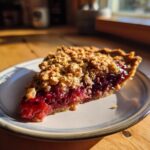 A close-up of a slice of sour cherry crisp on a plate, showcasing the flaky crust and juicy cherry filling.