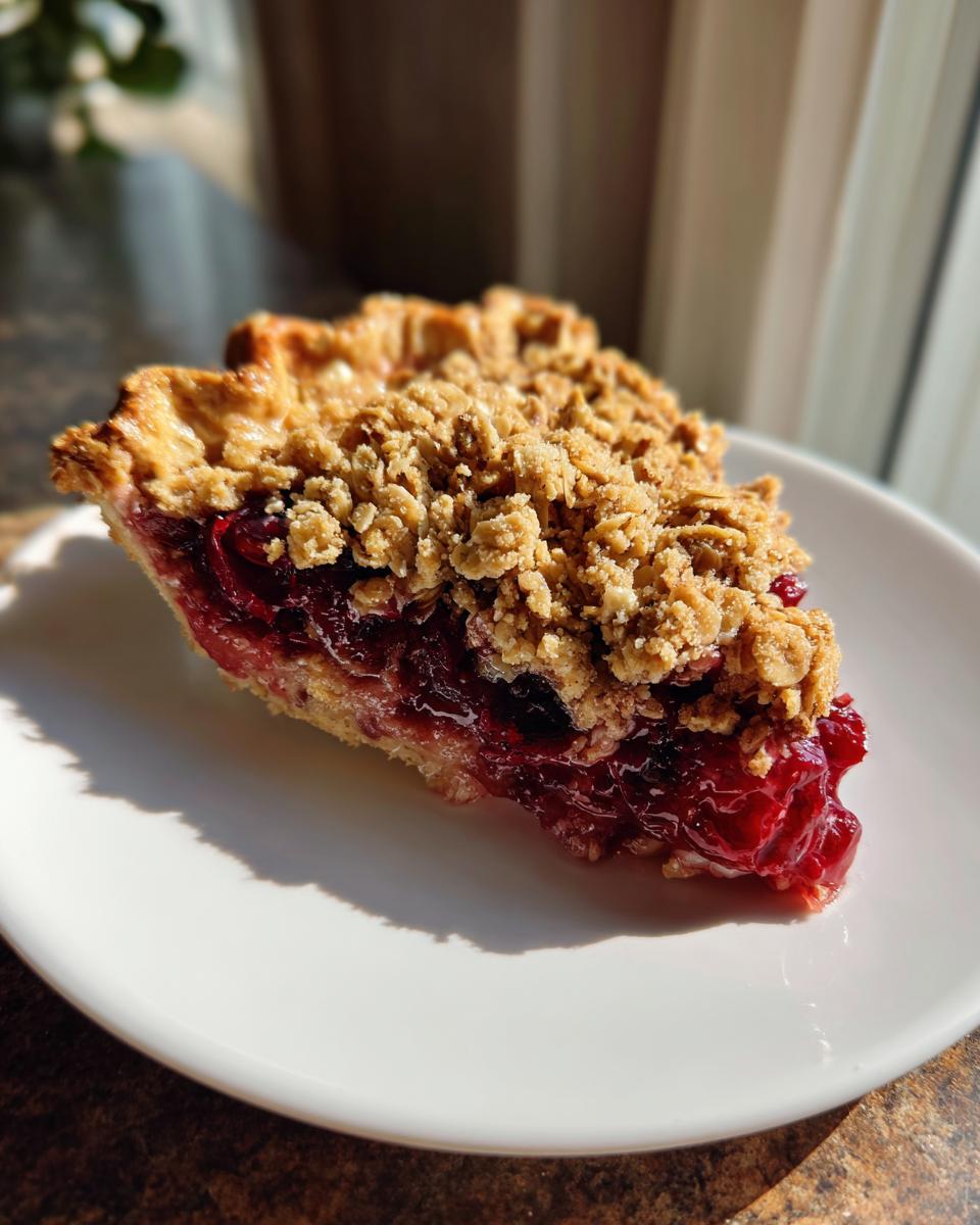 A close-up of a slice of sour cherry crisp on a white plate, showcasing the flaky crust and juicy cherry filling.
