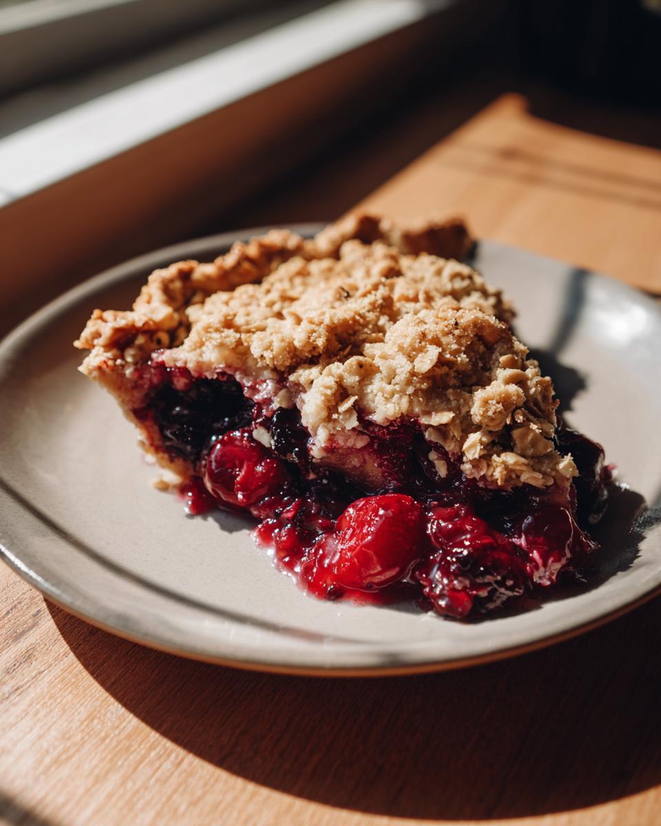 A close-up of a slice of sour cherry crisp on a plate, showcasing the juicy cherries and crumb topping.