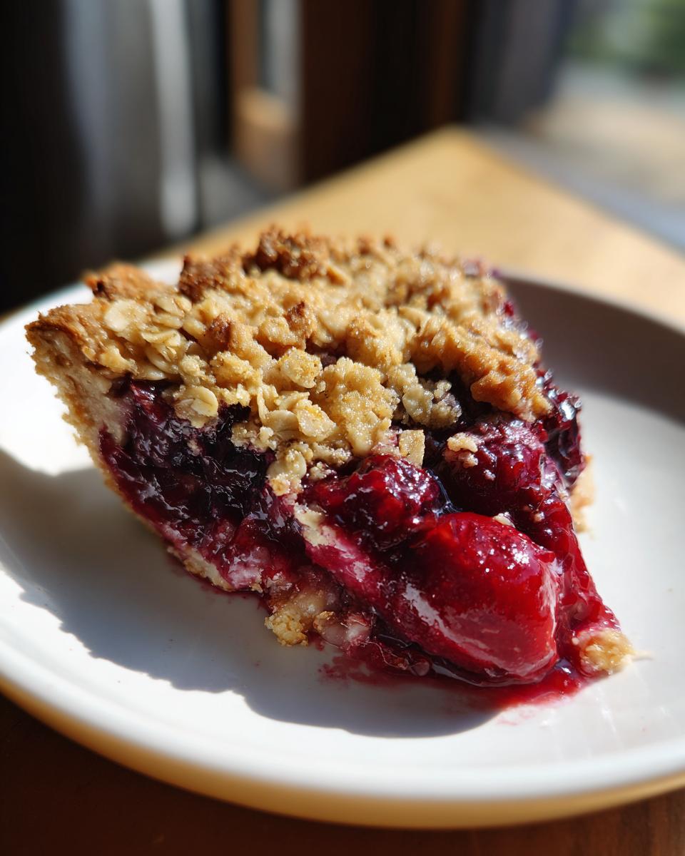 A close-up of a slice of sour cherry crisp on a white plate, showcasing the juicy cherries and crumb topping.