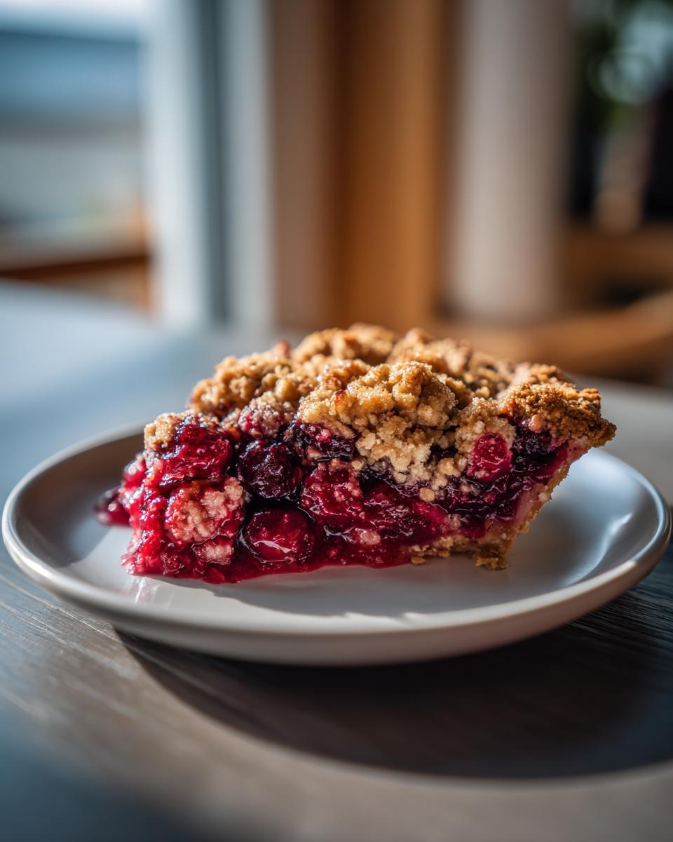A close-up of a slice of sour cherry crisp on a white plate, showing the juicy cherry filling and crumb topping.