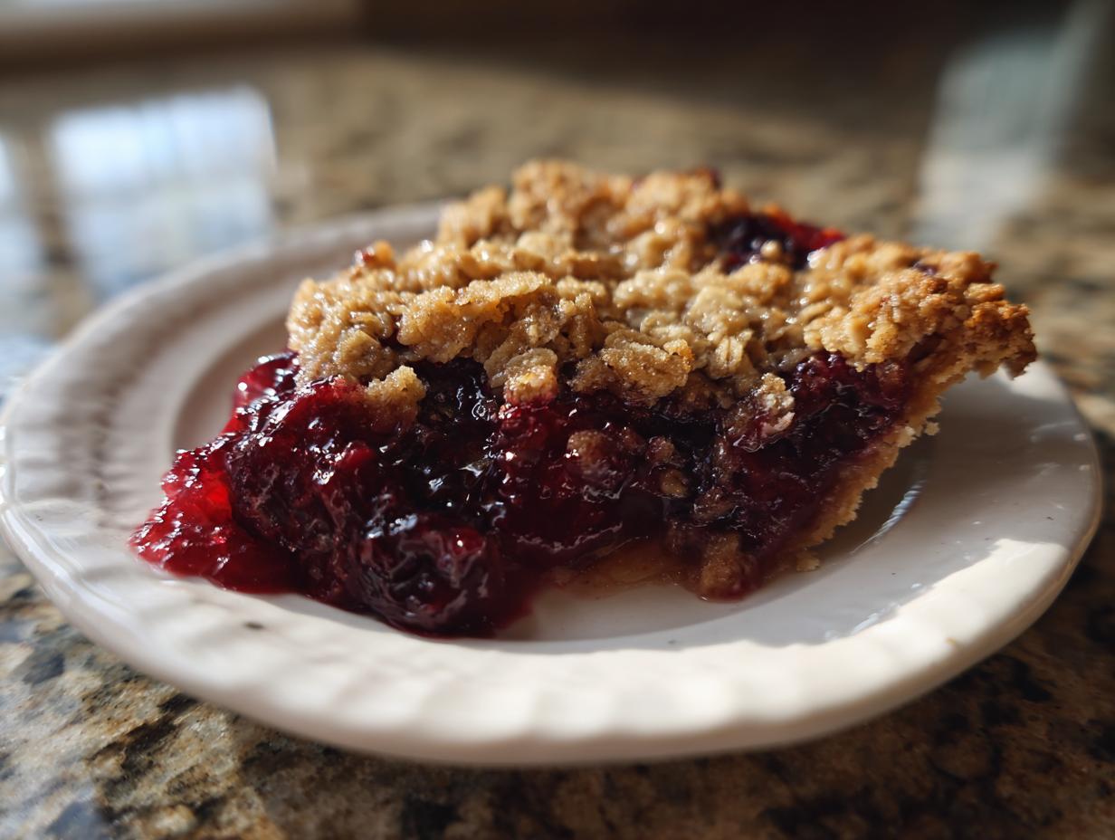 A close-up of a slice of sour cherry crisp on a white plate, showing the juicy cherry filling and oat topping.