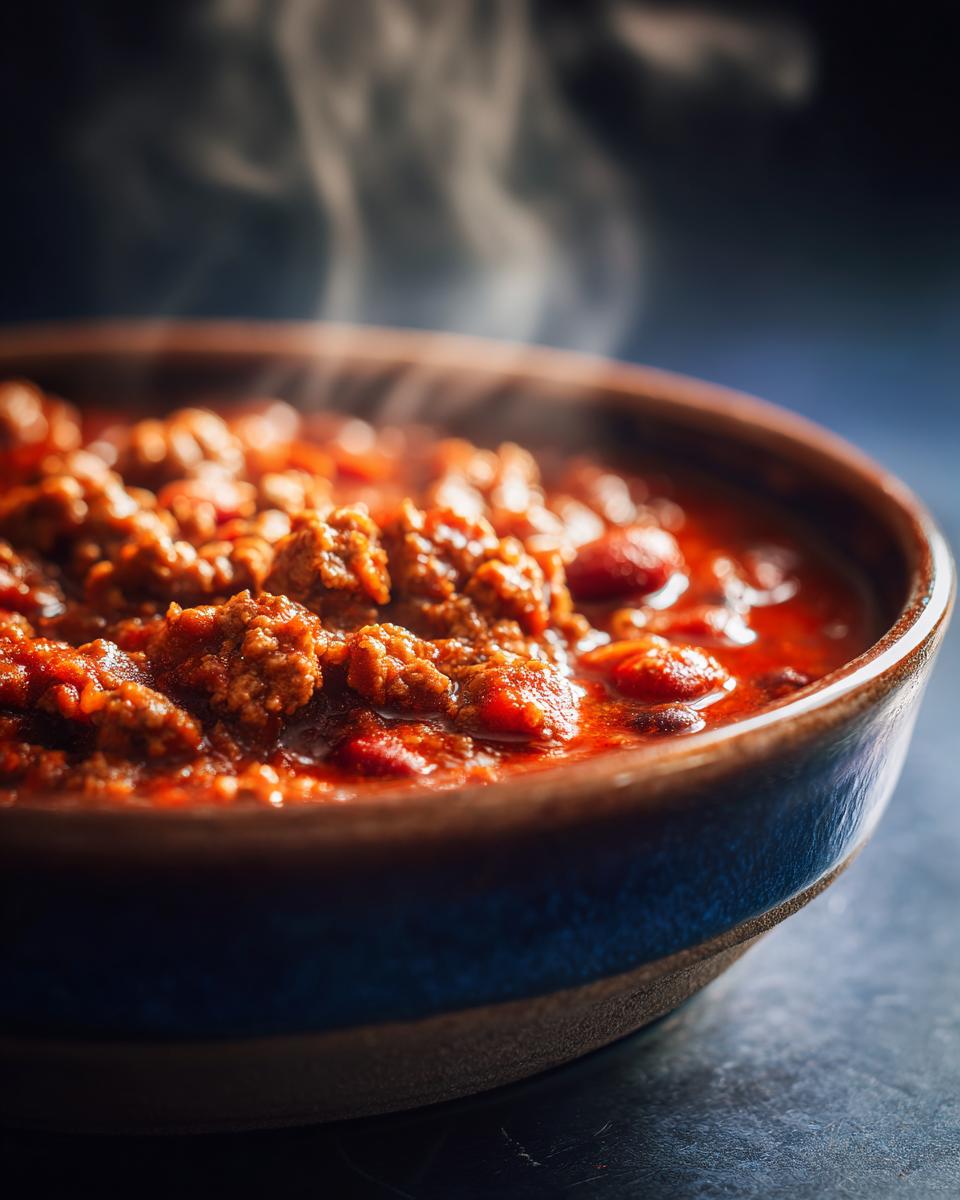 A close-up shot of a steaming bowl of hearty chili with ground beef and beans.