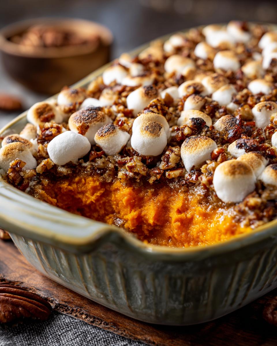Close-up of a baked sweet potato casserole topped with toasted marshmallows and pecans.