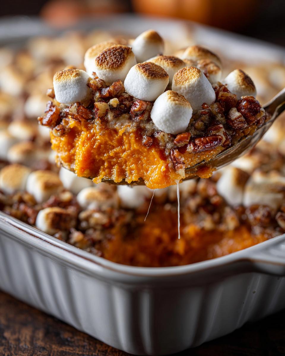 A spoonful of sweet potato casserole topped with toasted marshmallows and pecans, showing gooey cheese strings.