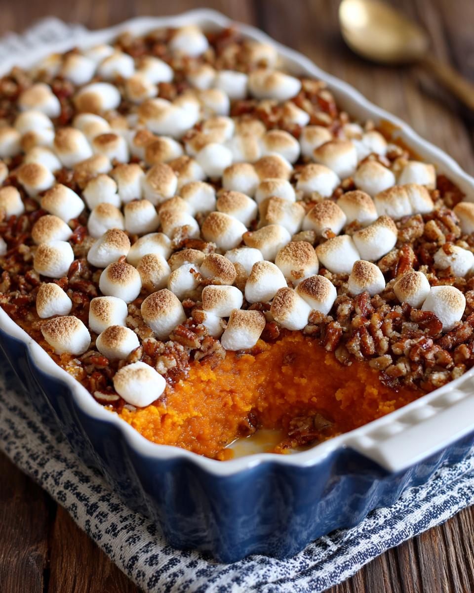 A close-up of a sweet potato casserole topped with toasted marshmallows and pecans, with a serving removed.