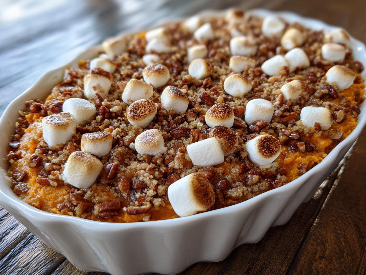 A close-up of a baked sweet potato casserole topped with toasted marshmallows and a pecan crumble.