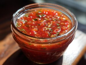 Close-up of a glass jar filled with vibrant, chunky tomato salsa, perfect for canning.