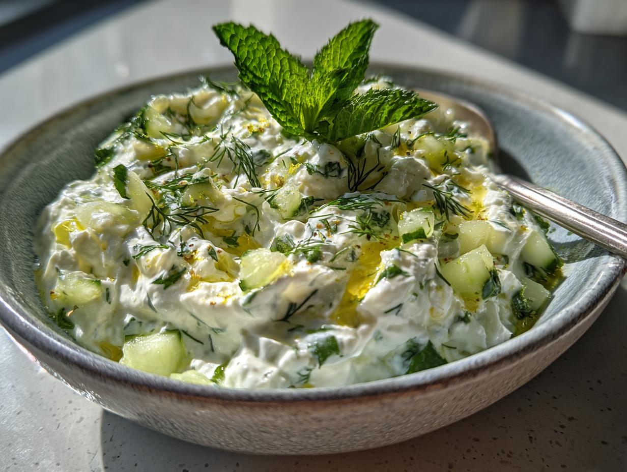 A close-up of creamy Tzatziki sauce in a bowl, topped with diced cucumber, fresh dill, mint, and a drizzle of olive oil.