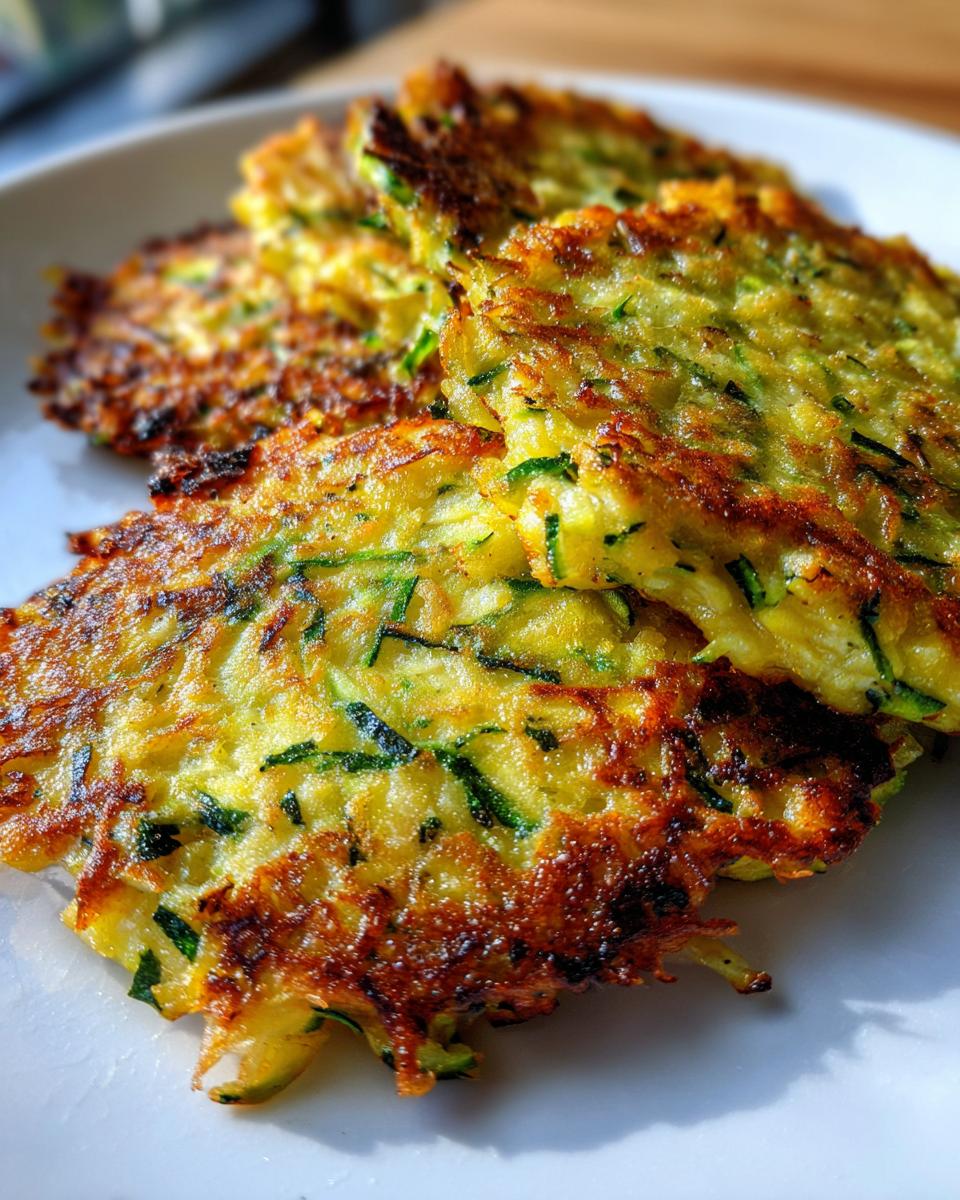 Close-up of golden brown zucchini fritters stacked on a white plate, showing shredded zucchini and crispy edges.