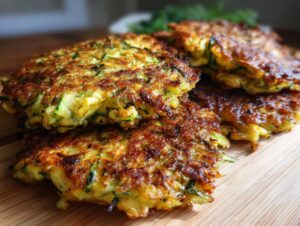 A close-up of a stack of golden-brown zucchini fritters, showcasing their crispy edges and shredded zucchini texture.