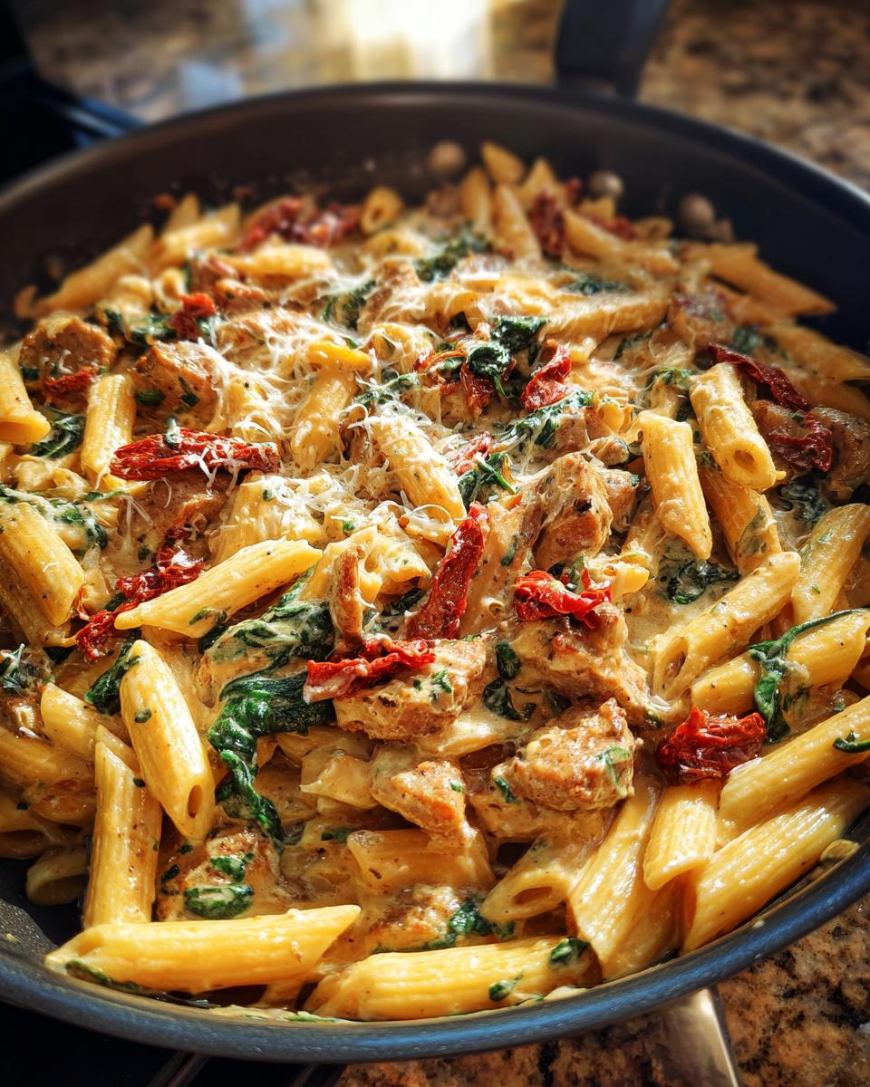 Close-up of creamy chicken sausage pasta with sun-dried tomatoes and spinach in a black skillet.