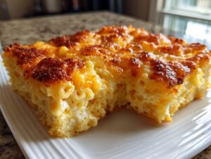 A close-up of a thick slice of baked mac and cheese with a deeply browned, cheesy crust.