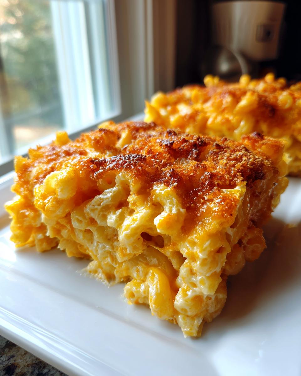 Two squares of creamy, cheesy baked mac and cheese with a golden-brown crust served on a white plate.