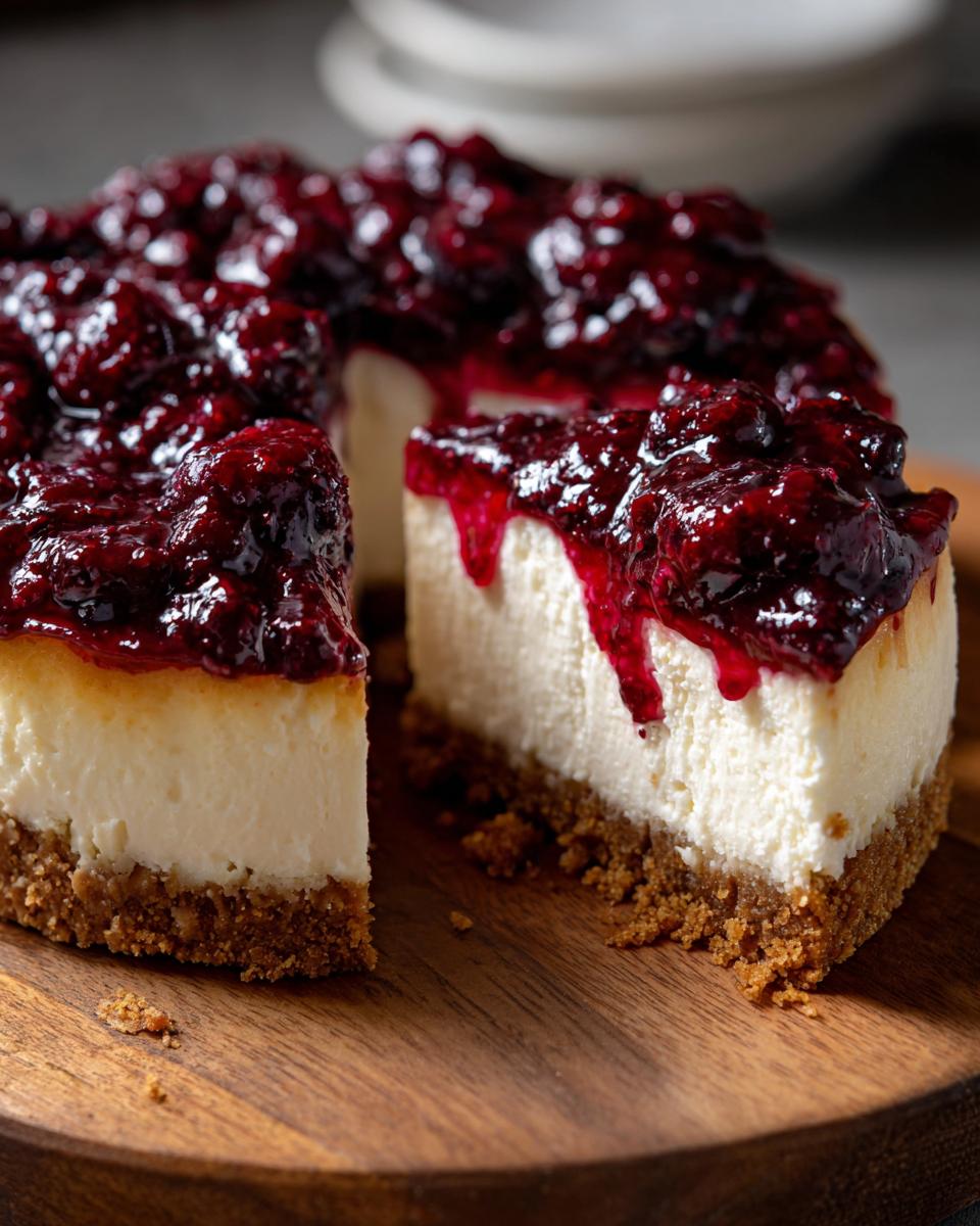 A close-up of a creamy berry cheesecake with a thick, dark berry topping, one slice cut out.