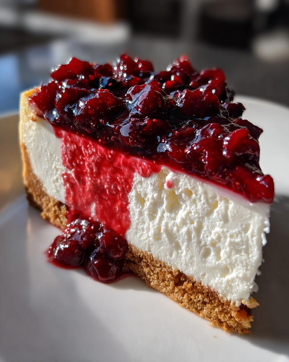 A close-up slice of creamy berry cheesecake with a thick graham cracker crust and rich red berry topping.