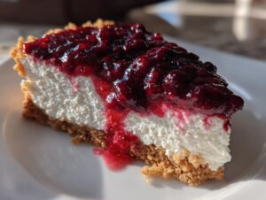 A close-up slice of amazing berry cheesecake featuring a thick graham cracker crust and rich berry topping.
