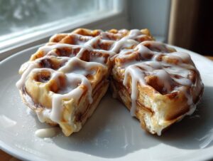 Two halves of a golden brown cinnamon roll waffle drizzled generously with white cream cheese icing.