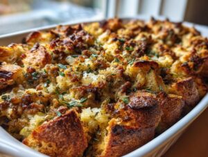 Close-up of baked sausage stuffing with crispy bread cubes and herbs in a white casserole dish.
