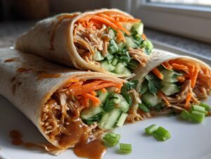 Two halves of thai peanut chicken wraps stuffed with shredded chicken, carrots, and cucumber, drizzled with peanut sauce.
