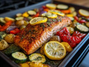 A close-up of a salmon fillet baked on a sheet pan with roasted vegetables and lemon slices, perfect for anti-inflammatory dinners.