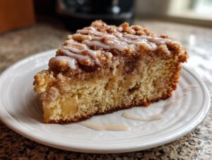 A delicious slice of apple coffee cake with streusel topping and icing on a white plate.